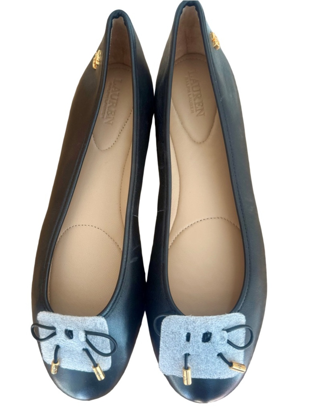 Lauren Ralph Lauren Black Leather Ballet Flats Gold Logo Size 9.5 - Picture 2 of 10